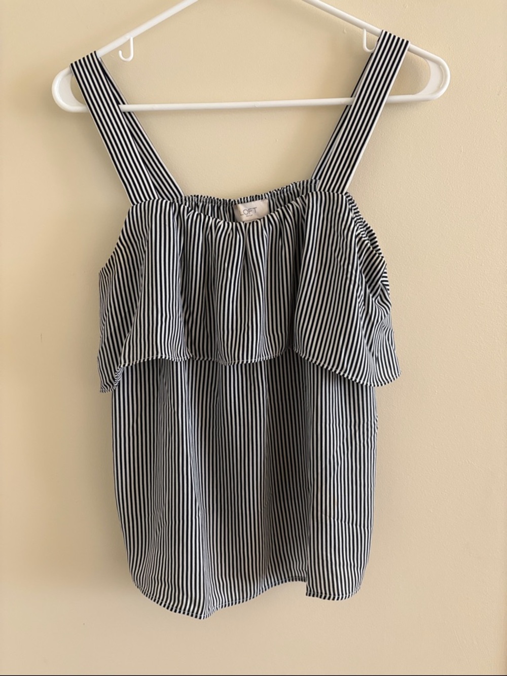 LOFT Black and White Striped Ruffle Tank